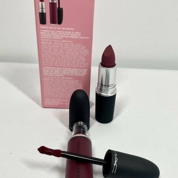 MAC Powder Kiss Lip Set BURNING LOVE Liquid Lipcolor & Lipstick LIKE MOTHER NIB! - Picture 2 of 3